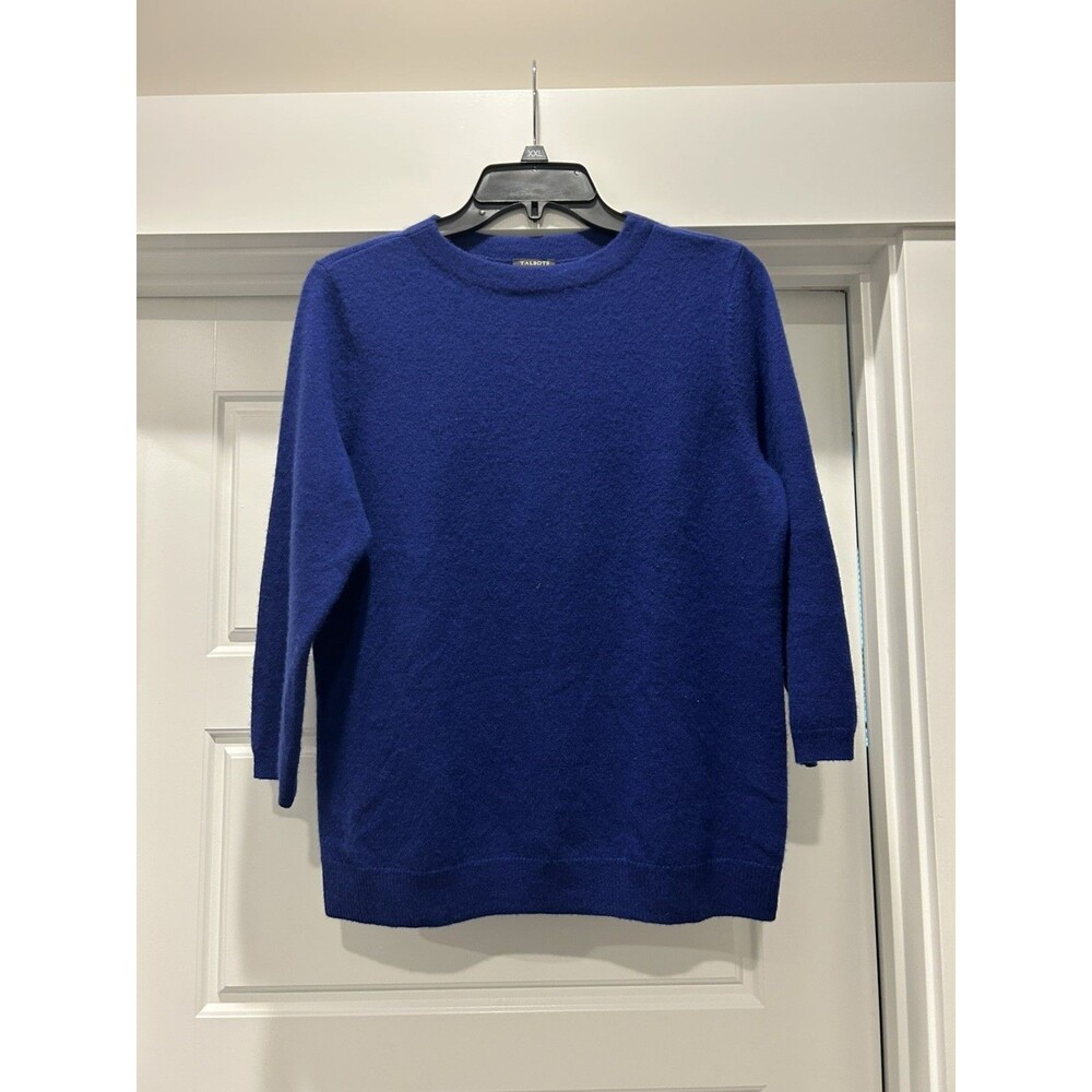 Talbot's Women’s Pure Cashmere Sweater Sz L Royal Blue Luxury Crew 3/4 Sleeve